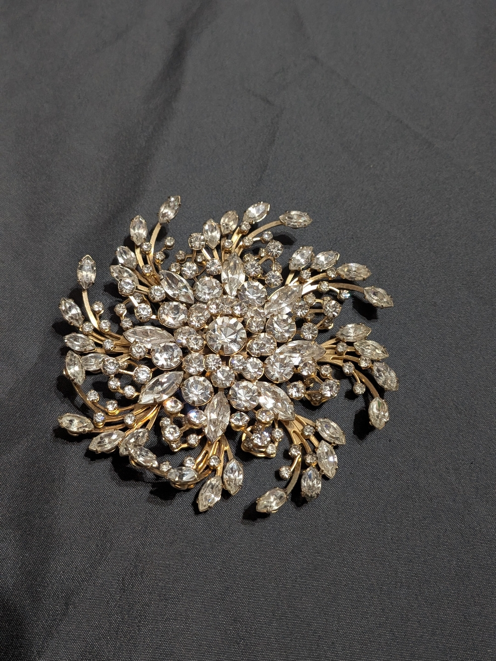 Crystal Floral Burst Brooch - Golden and Clear Gems